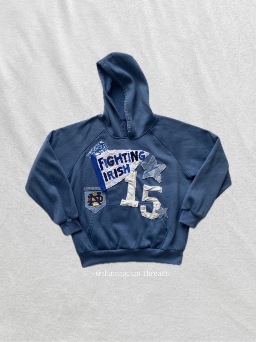 Fighting Irish Navy Blue Patchwork upcycled reworked Appliqué Hoodie